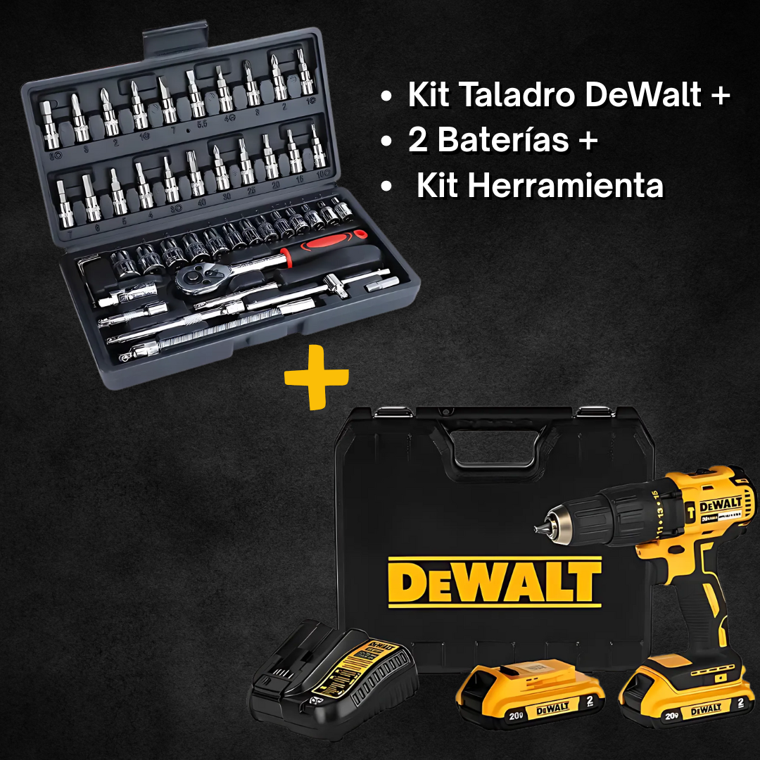 Kit Taladro DeWalt + 2 Baterías + Kit Herramienta 46 PCS