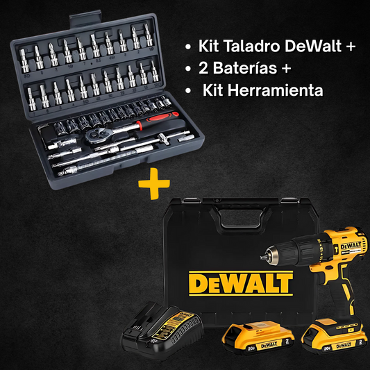 Kit Taladro DeWalt + 2 Baterías + Kit Herramienta 46 PCS